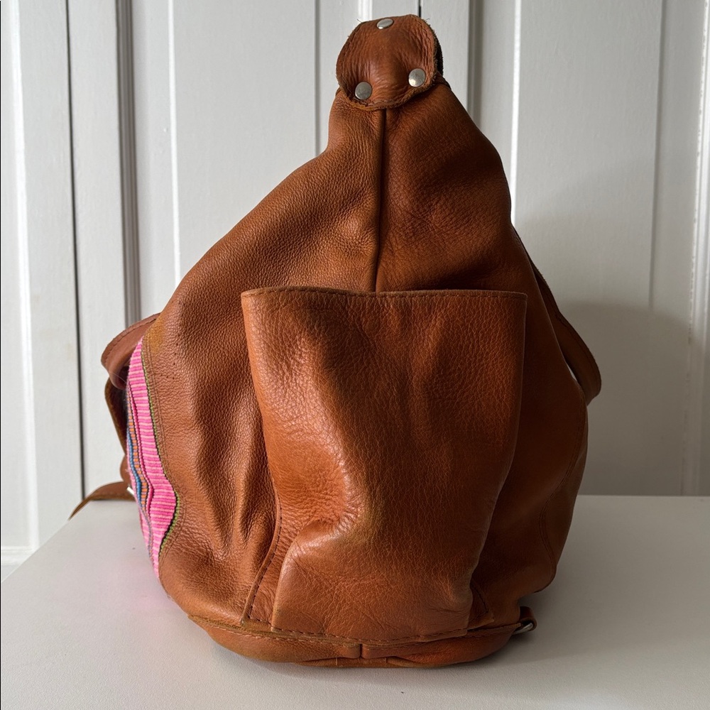 Nena & Co. Brown Leather Travel Bag with Pink Multicolor Stripe Panel - Picture 3 of 11